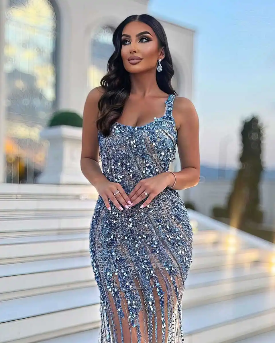 فساتين سهرة جميلة المظهر حورية البحر بدون حمالات مطرز بالترتر بدون أكمام فستان حفلات فساتين الحفلات Vestido De Noite مخصصة