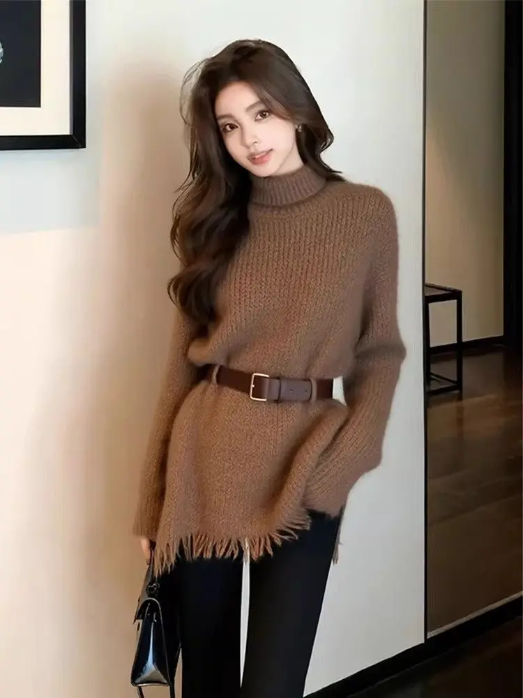 

Loose Fit High Neck Knitwear Coffee Color Korean Style Women's Top Belted Waist Slimming Long Sleeve Soft Knitted Sweater