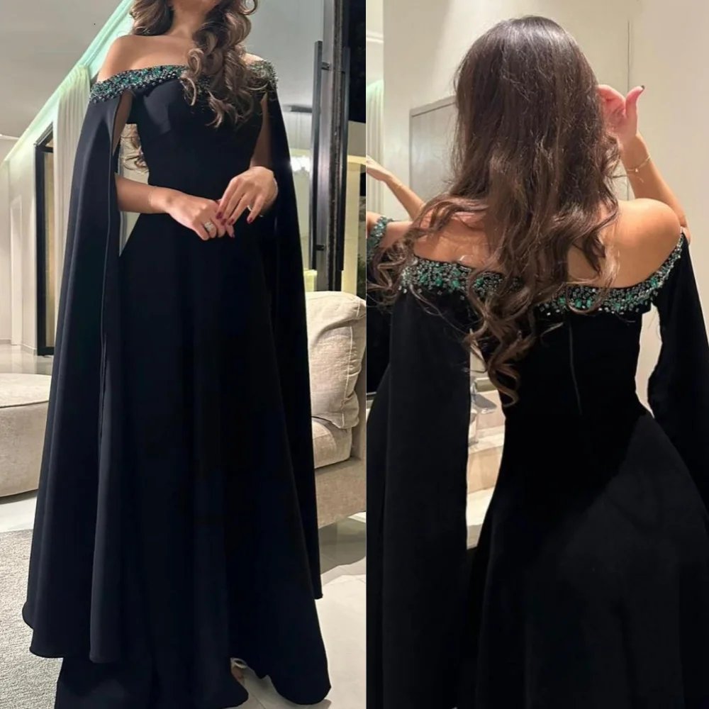 

Evening Jersey Beading Draped Cocktail Party A-line Off-the-shoulder Bespoke Occasion Gown Long Dresses Saudi Arabia