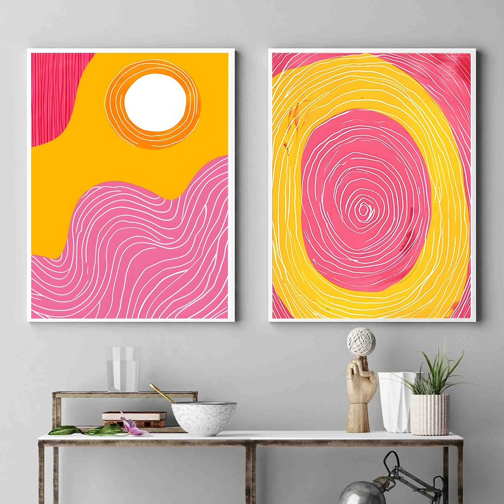Abstract Vibrant Yellow Poster Wavy Pink Lines Art Print Pink Canvas Painting Dynamic Visual Wall Picture Living Room Home Decor