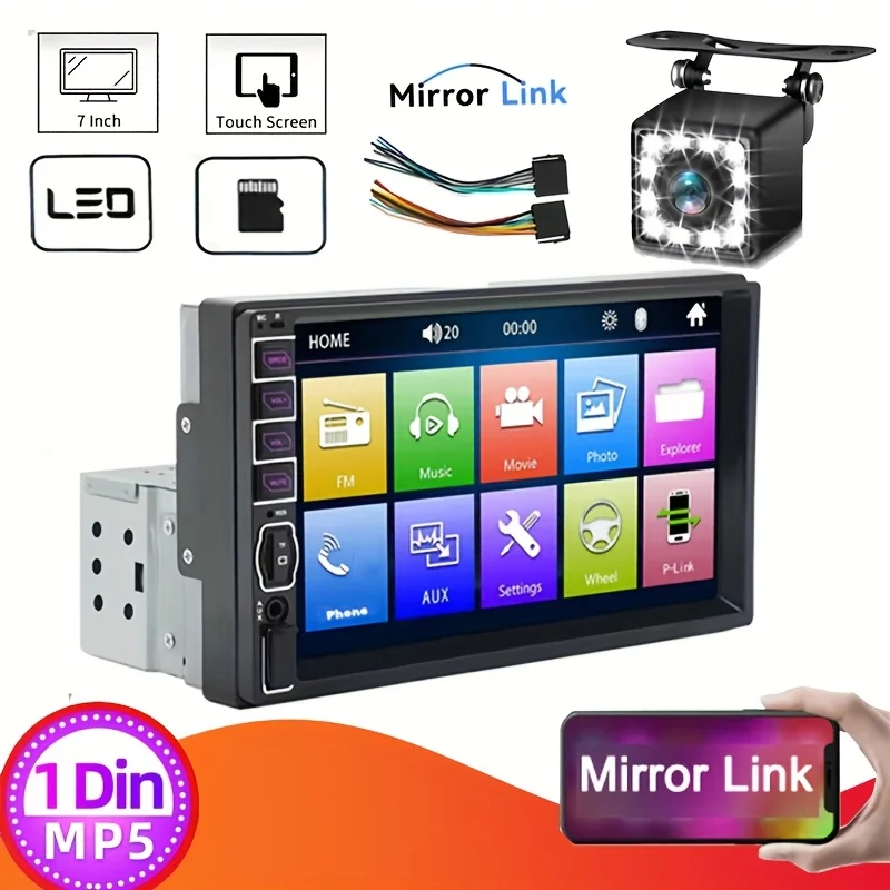7-Inch Car Stereo with Touch Screen,12-LED Reversing Camera & Parking Assistant, Night Vision - 1DIN Auto Radio System