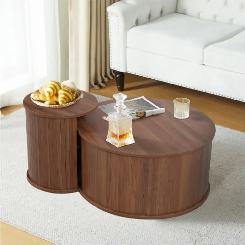 2 Piece Round Wood Coffee Table Set with Groove Design Storage Space for Living Room Beverage Side End Tables