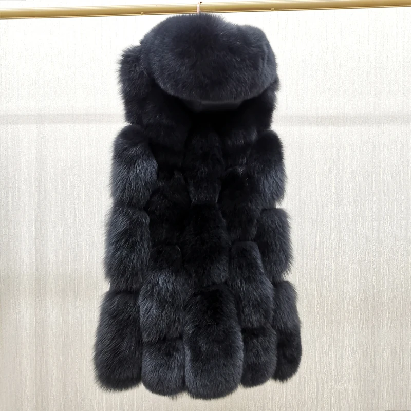 Hochwertige Luxus Frauen Echtpelz Mantel Winter jacke lange Natur fuchs Pelz Weste Echt Schaffell Leder Kapuze dicken warmen Mantel – Detail 7