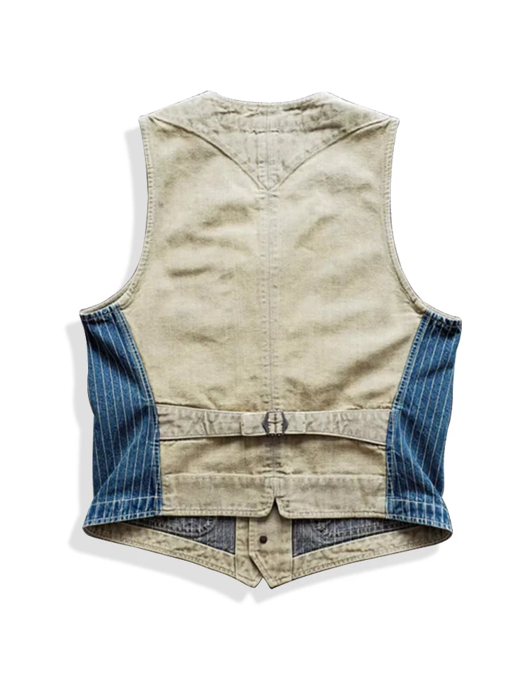 Men's Amekaji Wear Clothes Striped Denim Color Matching Vest Casual American Retro Good Quality Washed Distressed