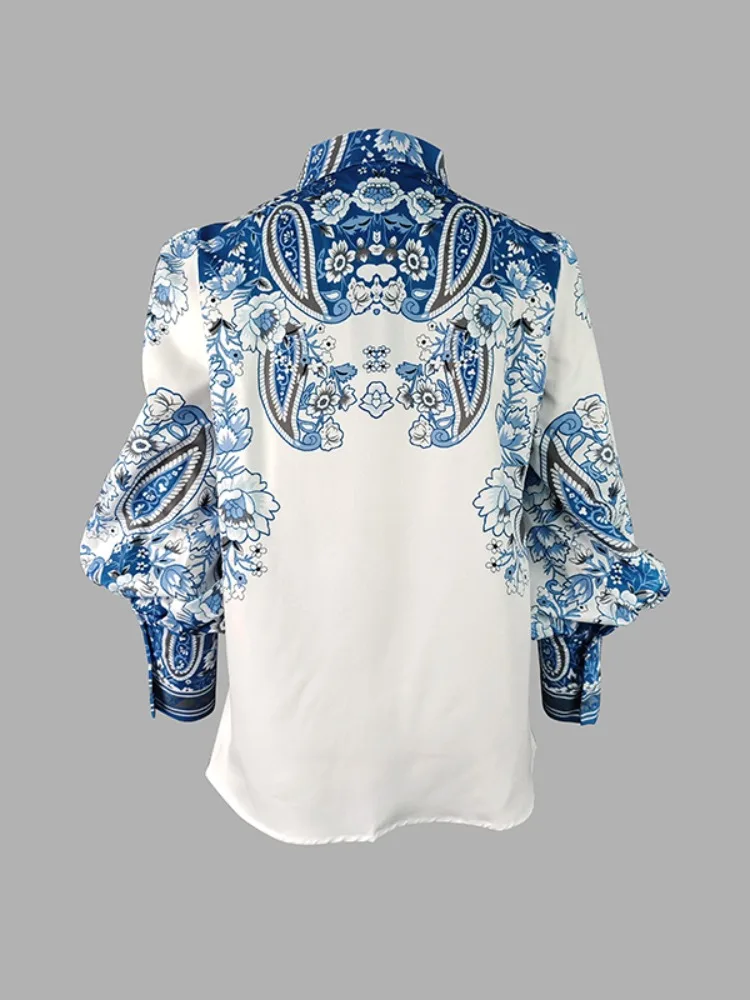 UOOZEE Vintage Blue Floral Printed Lapel Shirts For Women 2025 New Spring Summer Long Puff Sleeves Urban Casual Elegant Blouse