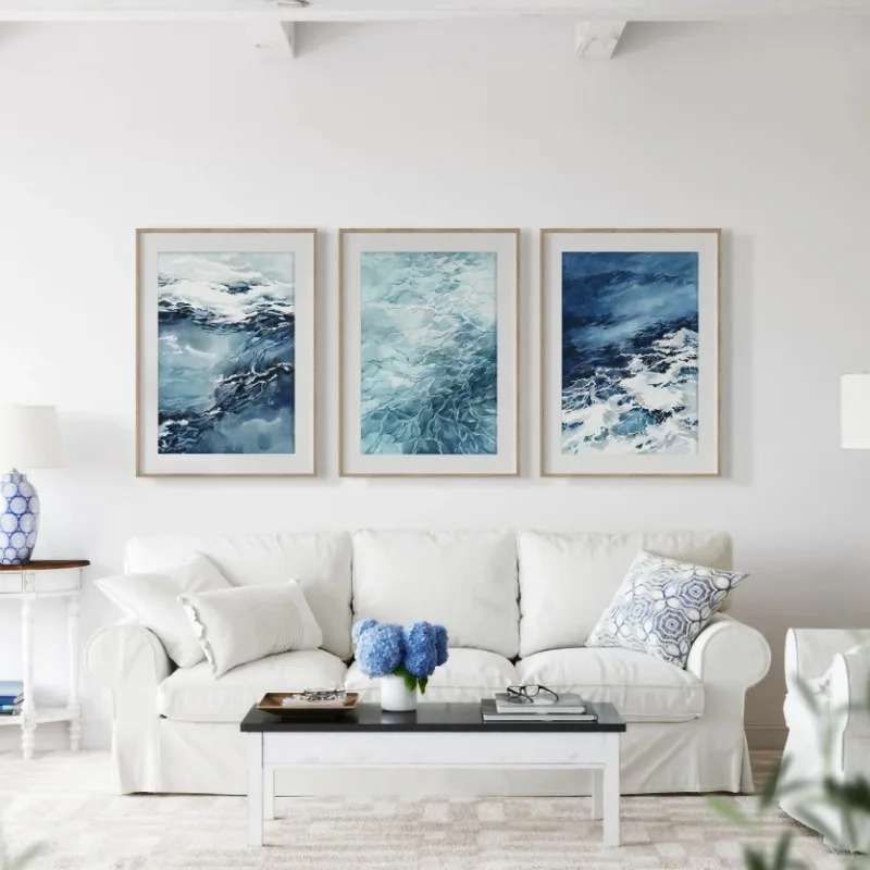 Vintage Navy Blue Watercolor Ocean Coastal Ocean Wave Sea Art Poster Canvas Painting Wall Prints Picture Living Room Home Decor
