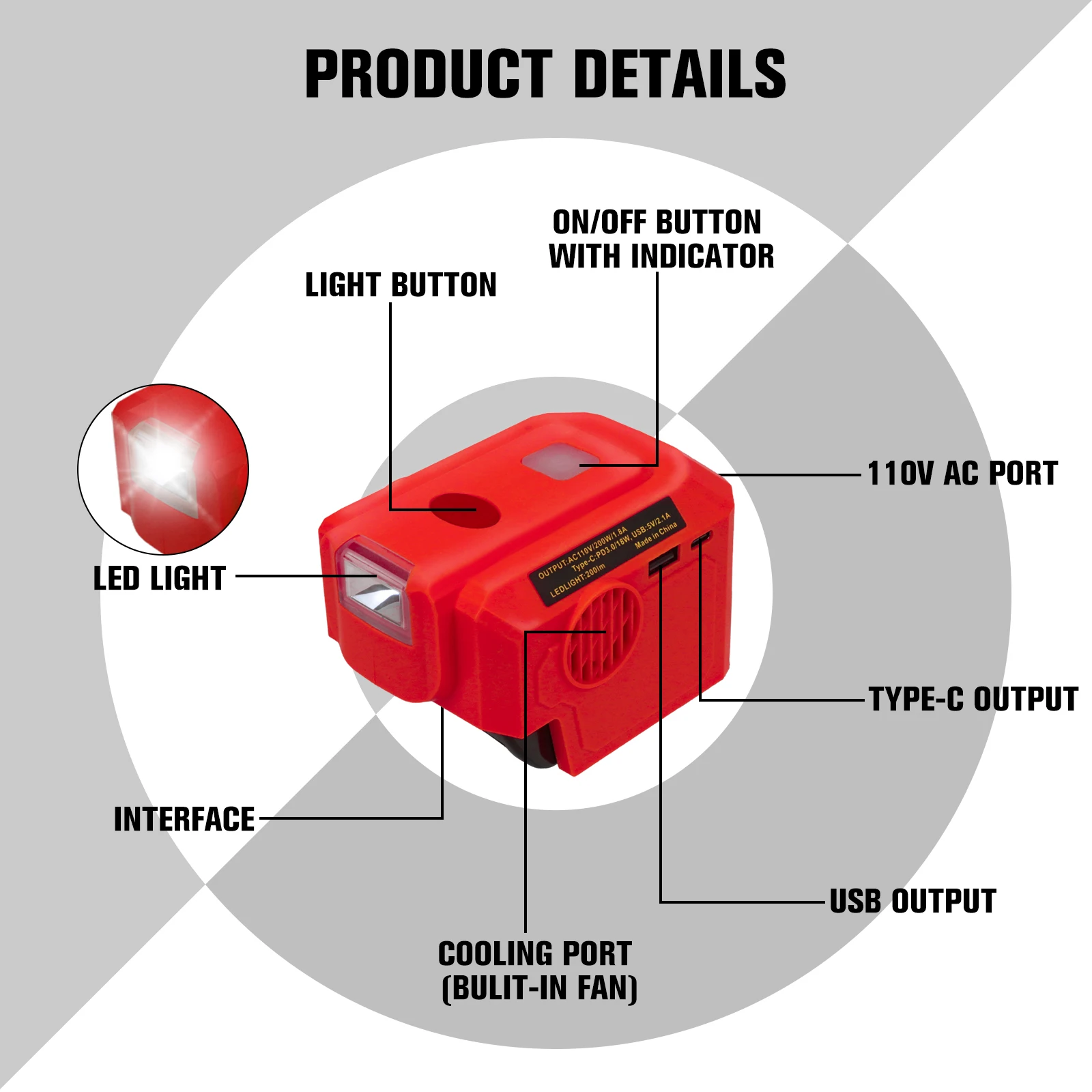 200W Power Inverter for Milwaukee 18V Li-ion Battery To 110V/220V AC Output Inverter Power Station with 200LM LED Work Light