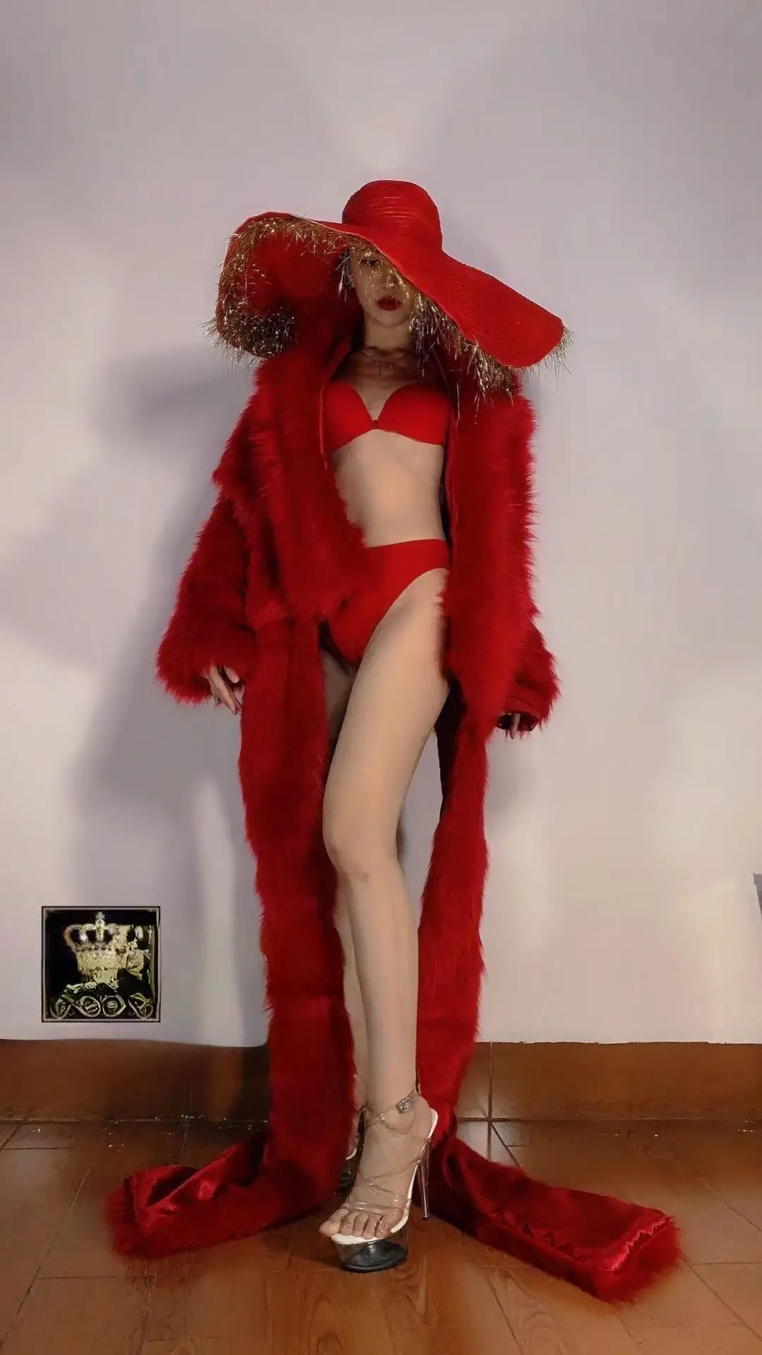 

Red Outfits Big Hat+Long Fur Coat+Bikini Sexy Set Women's Singer DjDs Dance Team gogo Christmas New Years Performance Costume