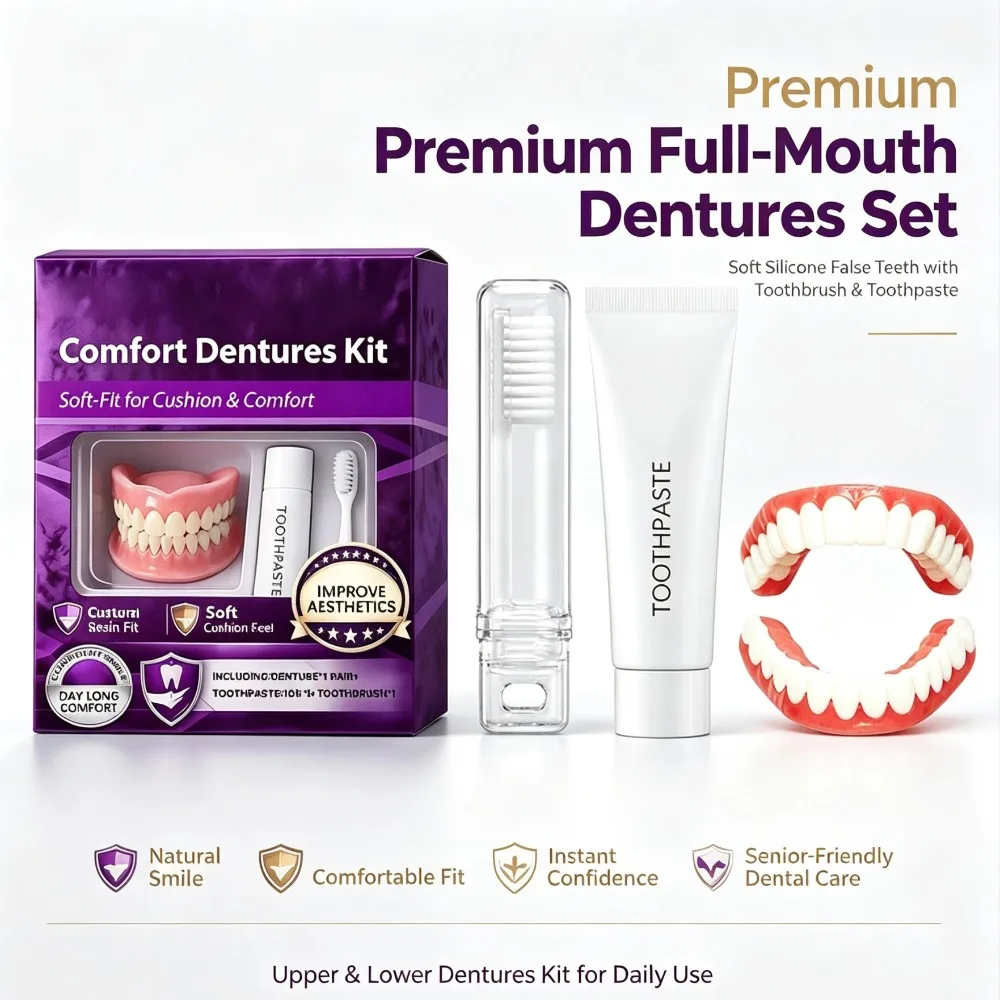 Premium Full‑Mouth Dentures Set With Toothpaste Toothbrush Instant Smile Silicone False Teeth Natural Upper & Lower Teeth Senior