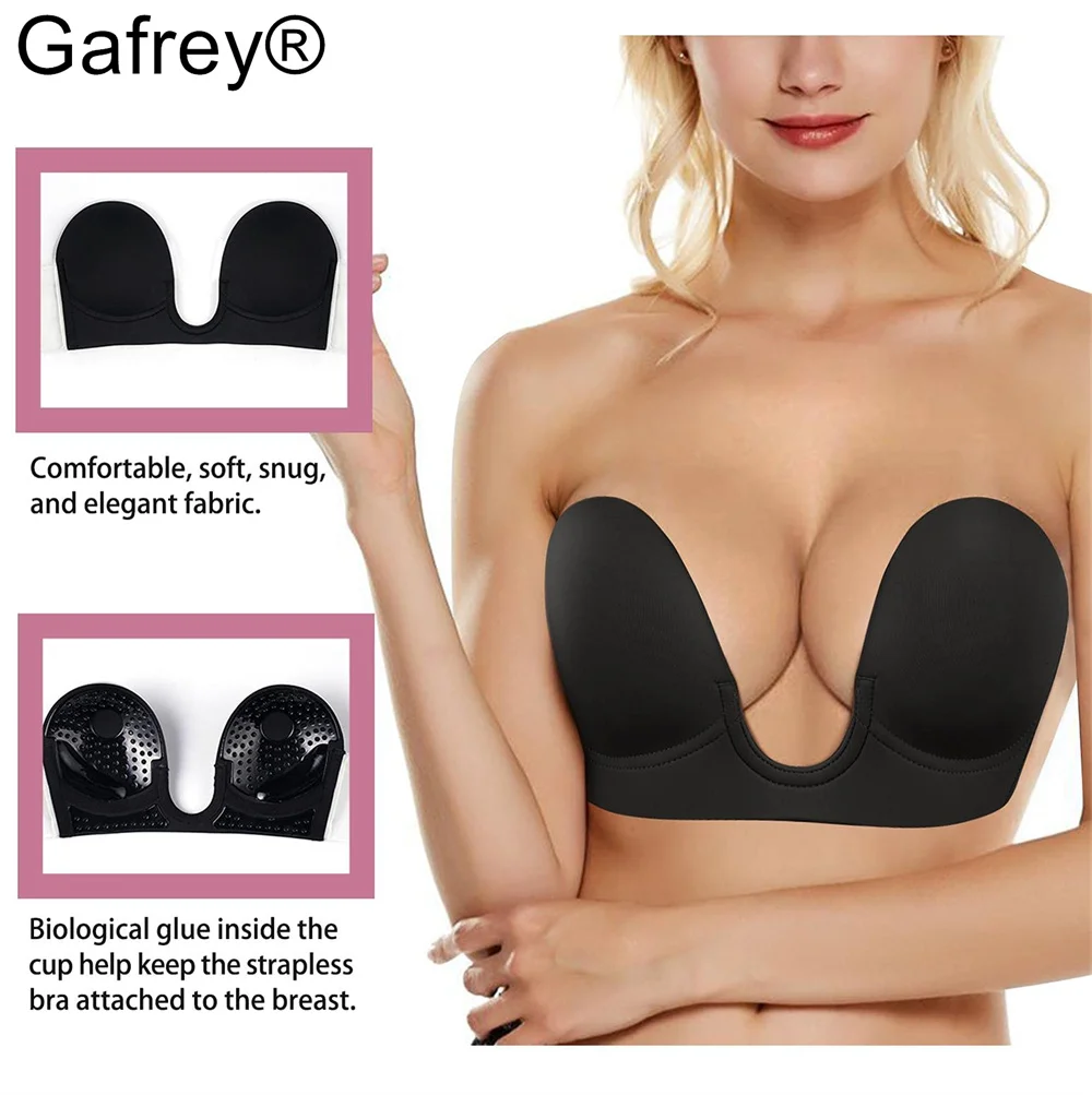 Gafrey-Sujetador adhesivo sin tirantes para mujer, Invisible, adhesivo, Push up, Espalda descubierta, reutilizable, de silicona, cubre pezones