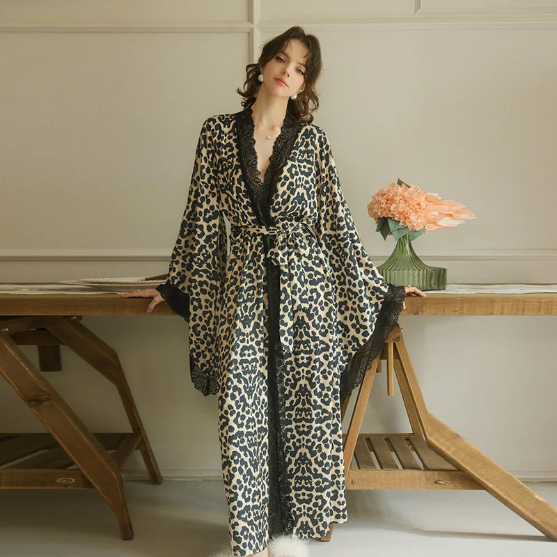 Sexy Leapard Robe With Lace Trim Long Kimono Bathrobe Floor Length Maxi Wedding Dressing Gown Luxury Silky Satin Robe New