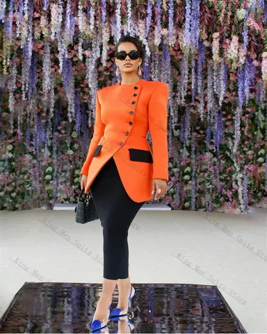 Orange Black Women Suit Skirt Set 2 Pieces Blazer+Prom Dress Cotton Customized Formal Office Lady Jacket Wedding Prom Coat