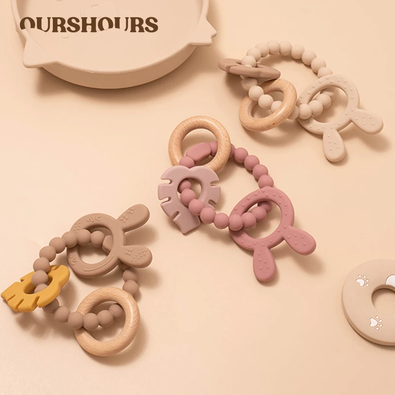 

4 in 1 Baby Wooden Rattle Ring Teething Toy Food Grade Silicone Infant Rabbit Leaves Teether for Newborn Sensory Toys BPA Free