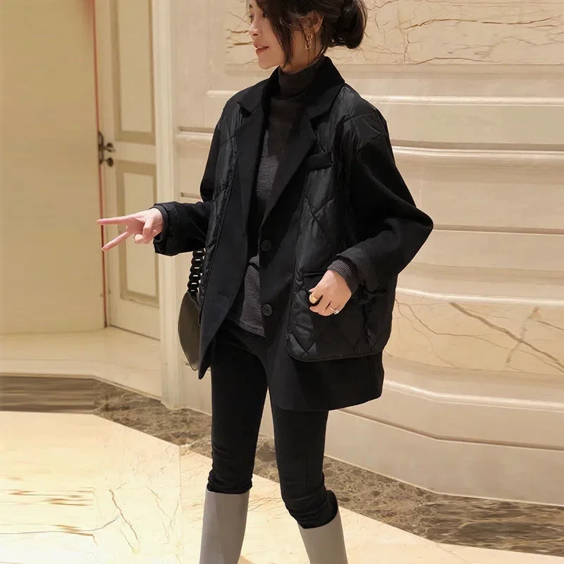 Black Fake Two-Piece Suit Collar Down Jacket Female Korean Style Jacket 2022 Autumn Winter New Women Coat European Station Trend