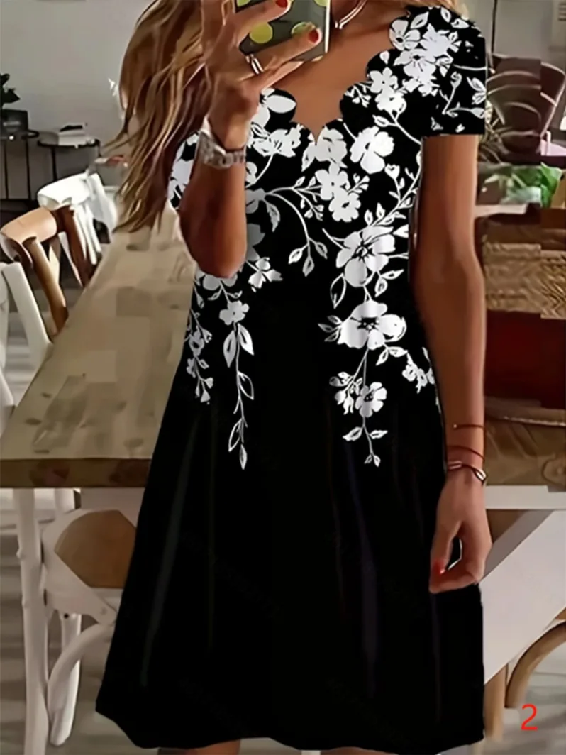 Frühling und Sommer Neues europäisches und N Damenkleid mit Digitaldruck, V-Ausschnitt und kurzen Ärmeln – Detail 3