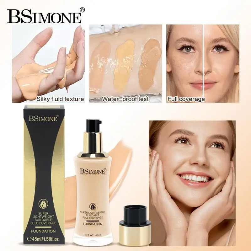 Bsimone base líquida para base de rosto maquiagem corretor facial à prova d'água hidratante corretivo facial cosméticos 6 cores