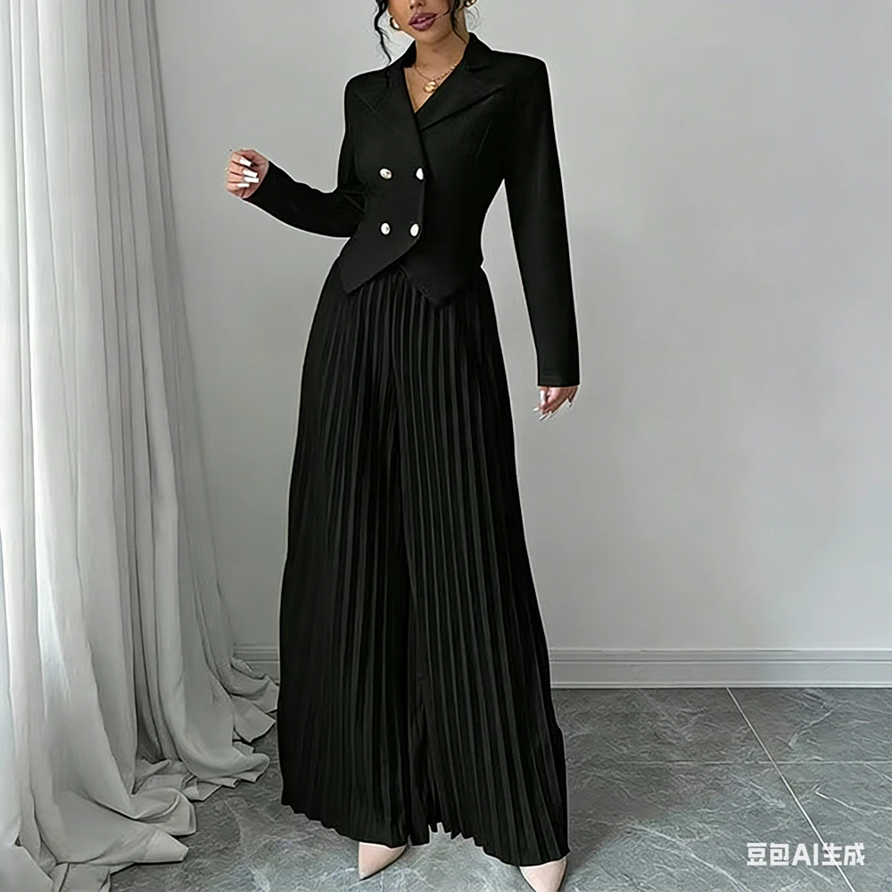 Chic Women's Fashion Two Piece Set Cropped Double Breasted Blazer+Pleated Wide Leg Pants Office Casual Suit  Formal Party Outfit