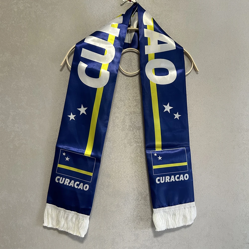 (SKY FLAG)Curacao Scarf 14x135cm Double-sided Printed Satin Curacao Flag Scarf Tassels Suitable for Football cup, Sports, Events