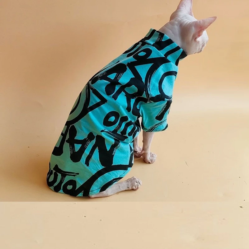 Handmade Spring Sphinx Hairless Cat Clothes Cotton Print Letter Hairless Cat pullover shirt Devon Cat Clothes for Summer Outfit