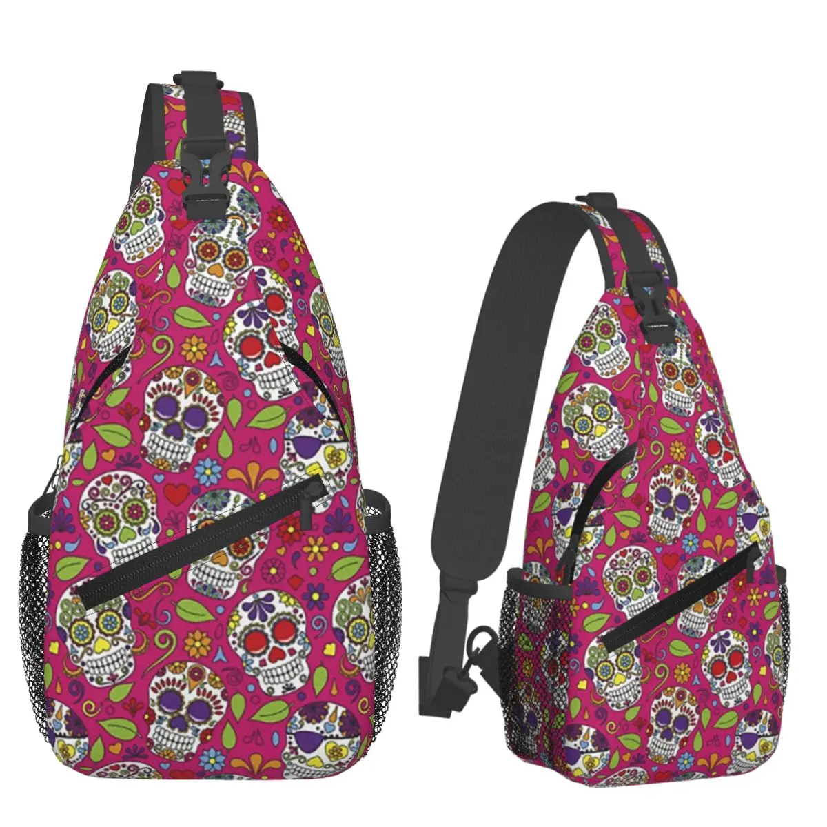 Sugar Skull Mexican Flower Halloween Day Of The Dead Chest Bag Men Sling Crossbody Backpack Chest Bag Daypack Shoulder Bag
