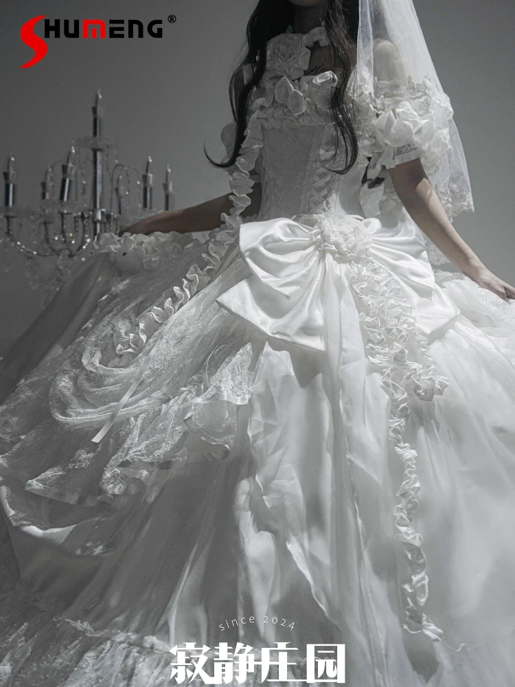 

Women's Sweet White Flower Wedding Dress Princess Style Sweet Elegant Lolita Long Dresses Female Halloween Cos Gothic Maxi Dress