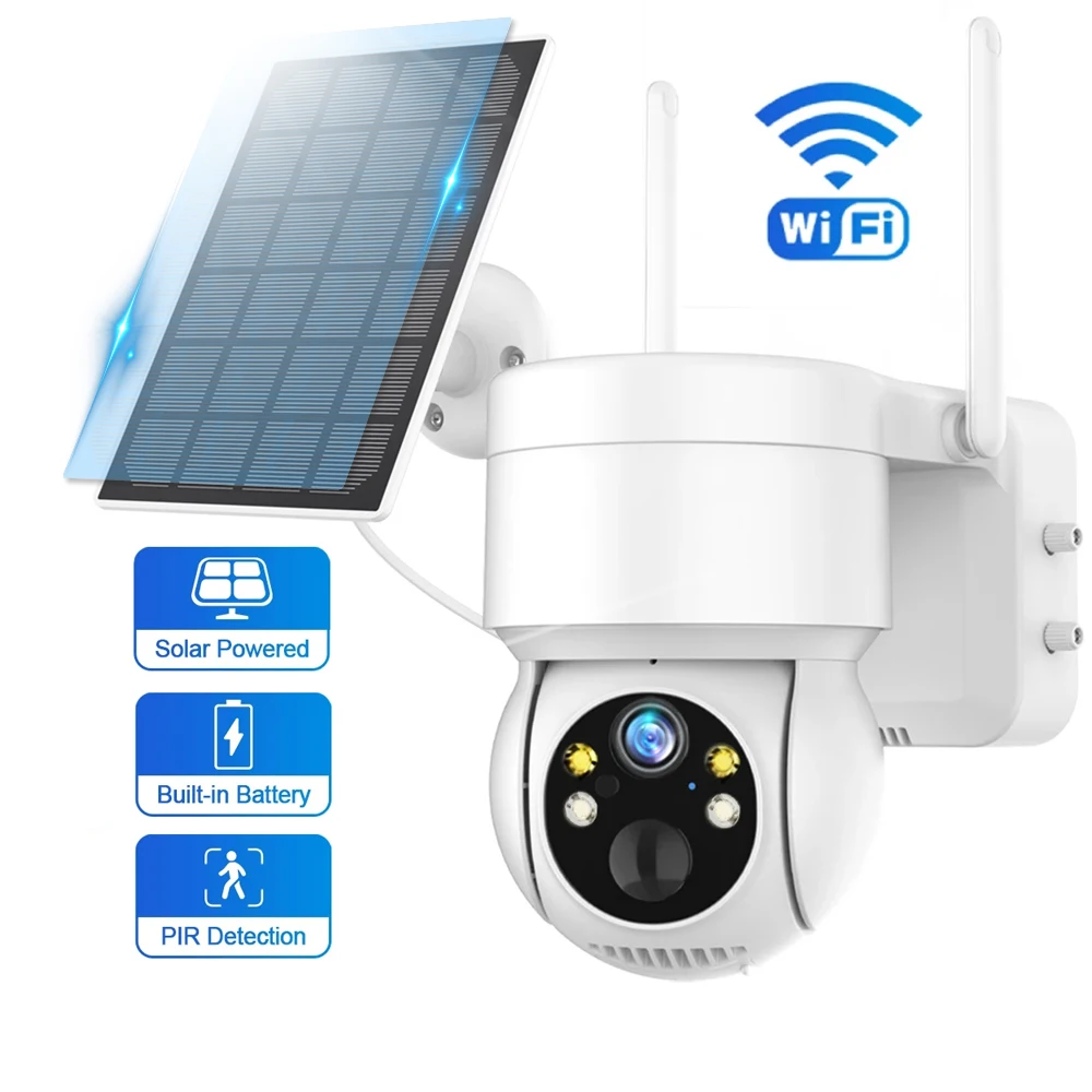 ICSEE 4MP Solar WiFi PTZ Camera Wireless Battery Camera IP66 Outdoor Waterproof Color Night Vision PIR Detection Solar Powered