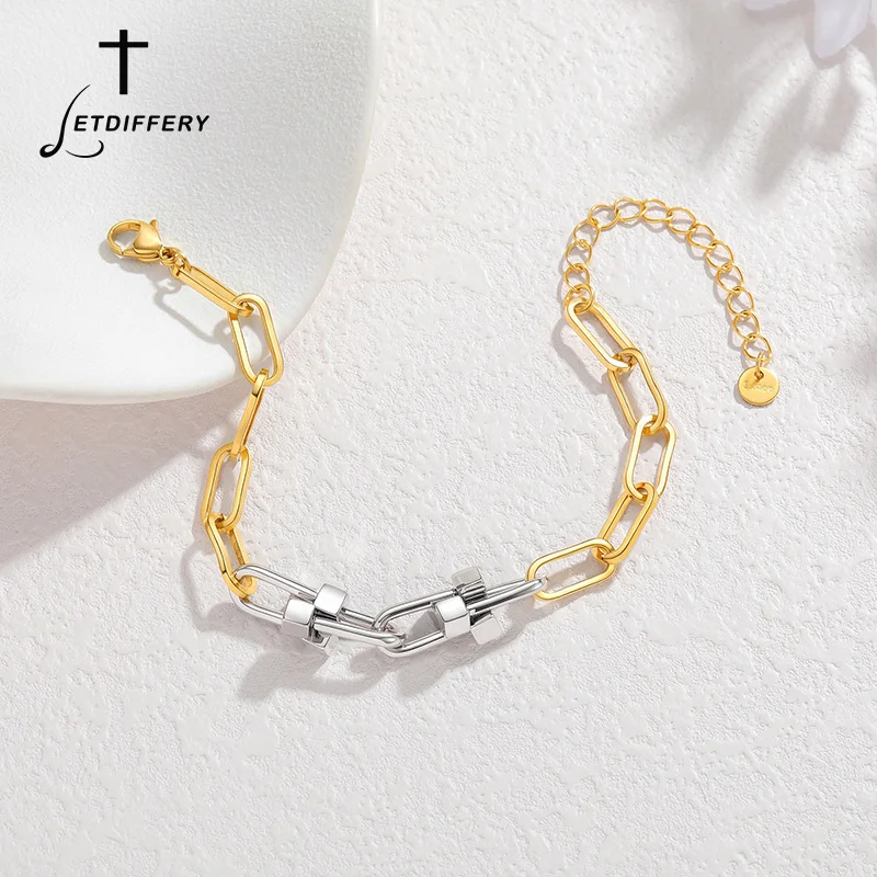 Letdiffery Link Chain Rectangle Bracelet for Women Stainless Steel 18k Gold Color Charming Bracelet Jewelry Gifts