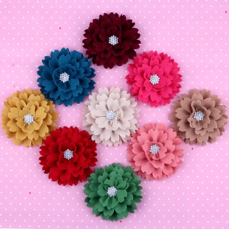 10pcs 3.6" Artificial Headband Flowers Fabric Hair Flowers With Rhinestone Button Lace trim patch applique lace fabric Wedding