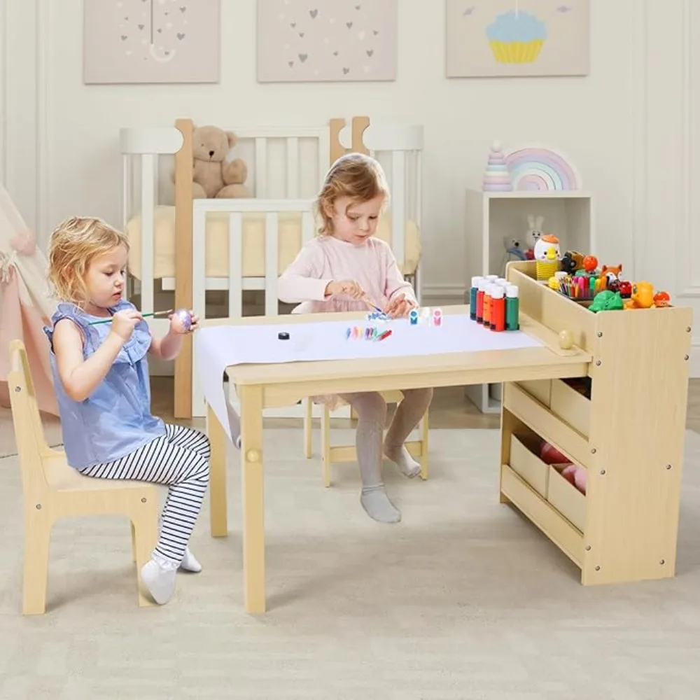 Kids Art Table and 2 Chairs, Toddler Craft Drawing Desk with Large Storage Shelves, 4 Storage Bins and Paper Roll