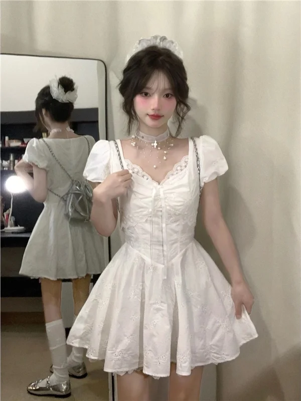 

Sweet Style Women's Dress Lace Trim Puffy Sleeve Waist Cinched Dress A-Line Silhouette Casual Wear for Summer