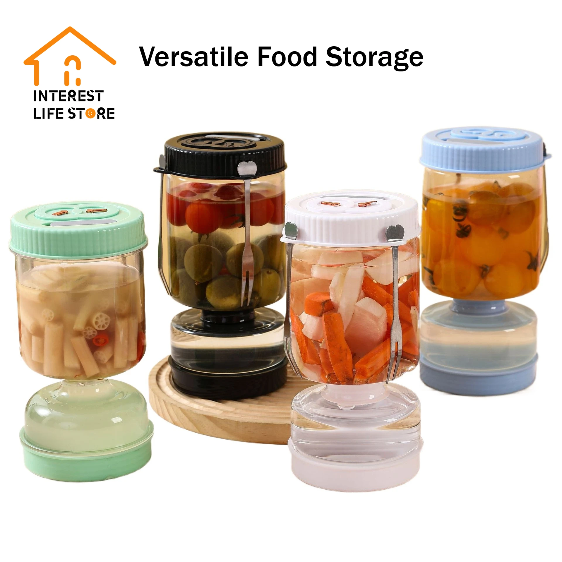 

New Glass Pickle Dry Wet Distribution Hourglass Jar Glass Container with Built-in Fork Kitchen Juice Separator Tool Food Storage