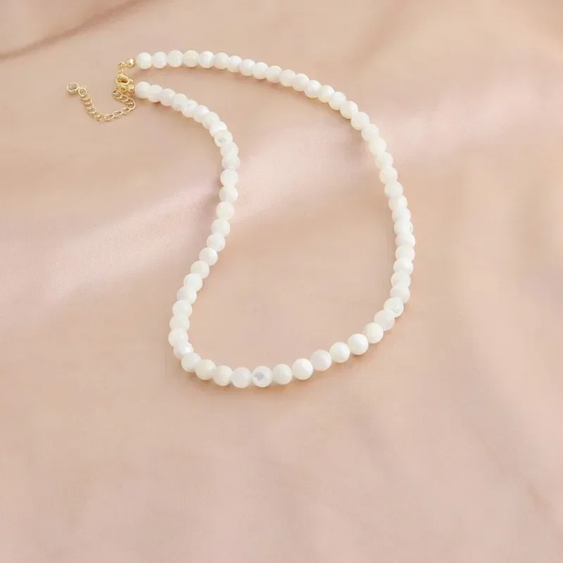 Minar Elegant 4 6 8mm Clear White Color Round Natural Shell Beaded Necklace for Women Silver Plated Chain Beads Strand Chokers