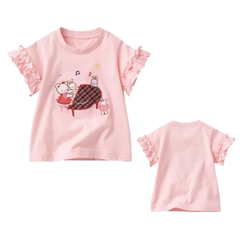 Familiar Kawaii Pink Children's Short Sleeves Girl Embroidered Cartoon Music Bear Rabbit T-shirt Suitable Heights 80-130cm