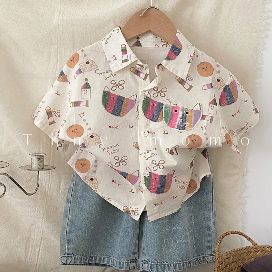 Children's clothing boys' summer thin short sleeved shirt cartoon print Korean version versatile top new style