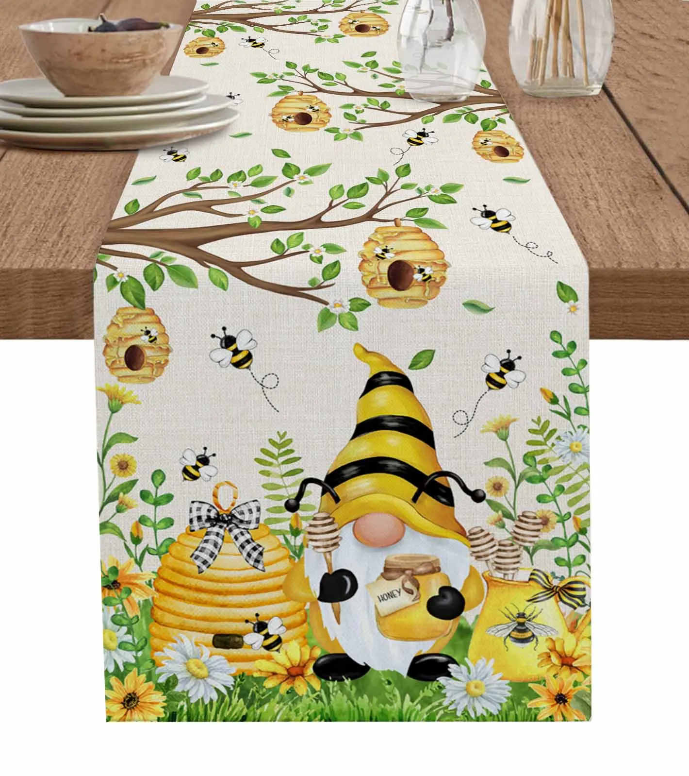 Bee Dwarf Sunflower Daisy Branch Honeycomb Table Runners for Dining Room Home Decor Tablecloth 4/6 Pcs Placemats Table Cover