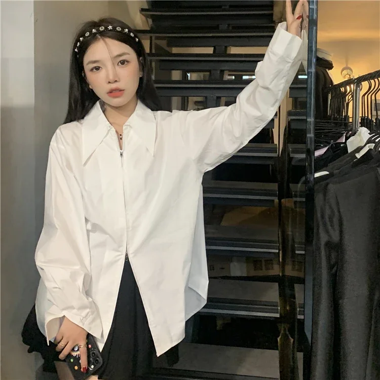 

Белые блузки для женщин Harajuku, модные рубашки с длинными рукавами, Blusas Mujer De Moda, повседневная свободная блузка на молнии, женские топы
