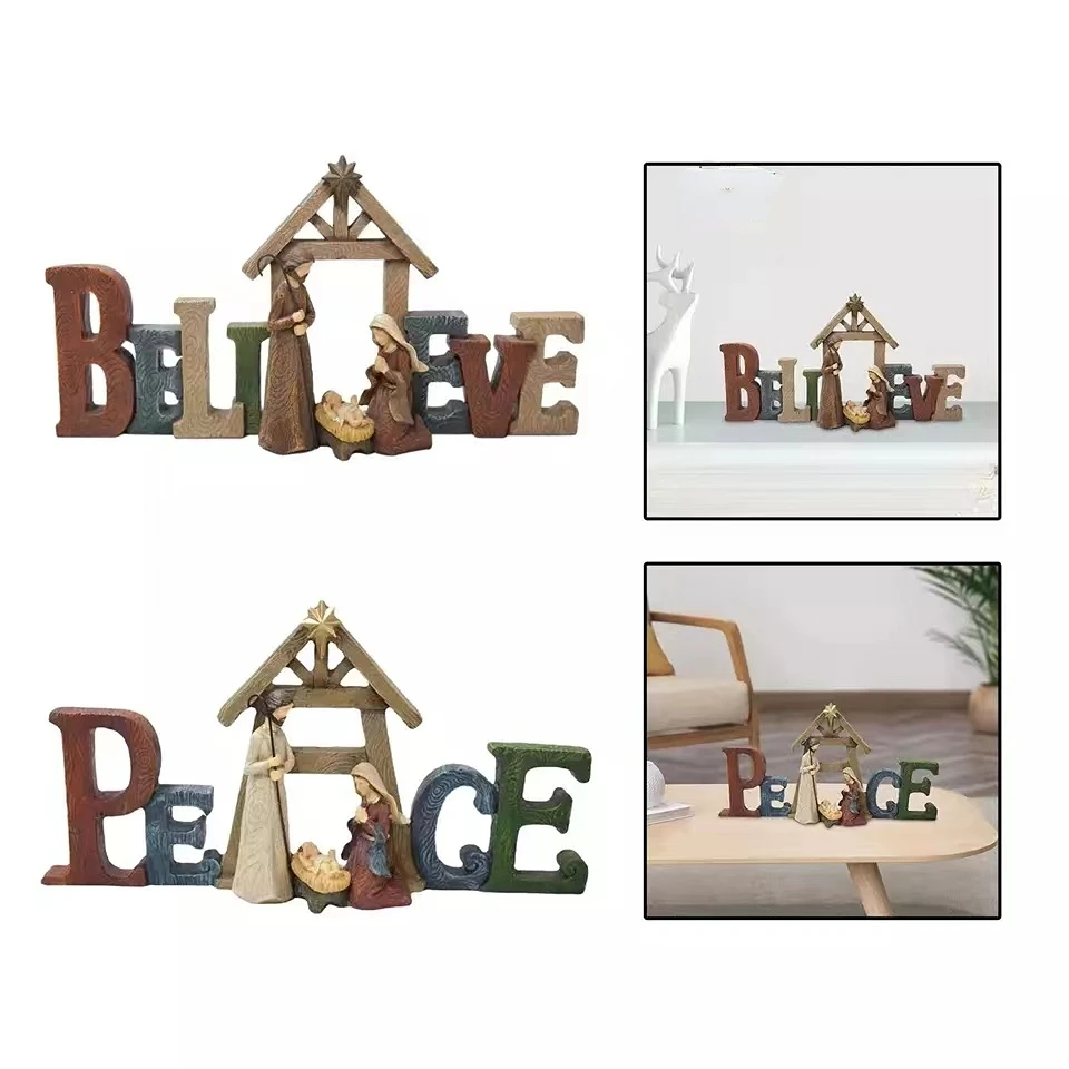 Believe Peace Christmas Nativity Scene Religious Christmas Crib Manger Jesus Home Decor Holy Family Desk Decoration Figurines