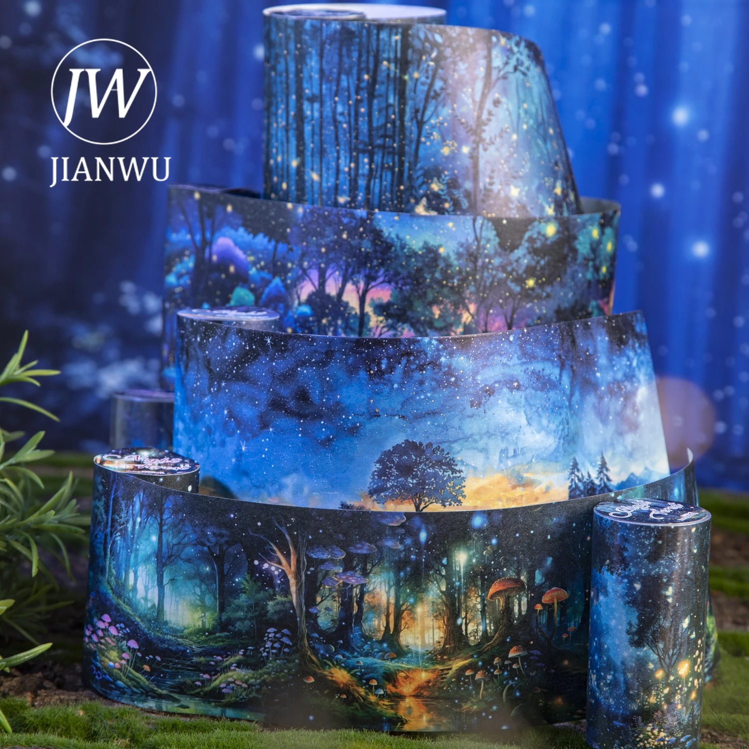 JIANWU 80mm*200cm Night Forest Series Vintage Tree Light Landscape Material Collage Washi Tape Creative DIY Journal Stationery