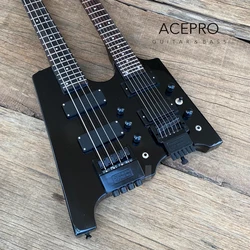 In Stock Double Neck Headless Electric Guitar Black 4 String Bass on top + 6 String Guitarra Tremolo Bridge, 24F Black Hardware