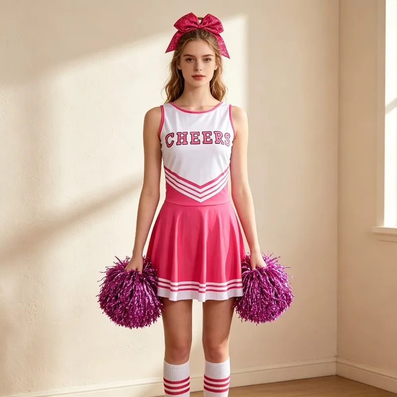 Prop School Cheer Squad Four Piece Cheerleader Costume Set With Bow Tie Pom Poms Stage Dance Performance Outfit
