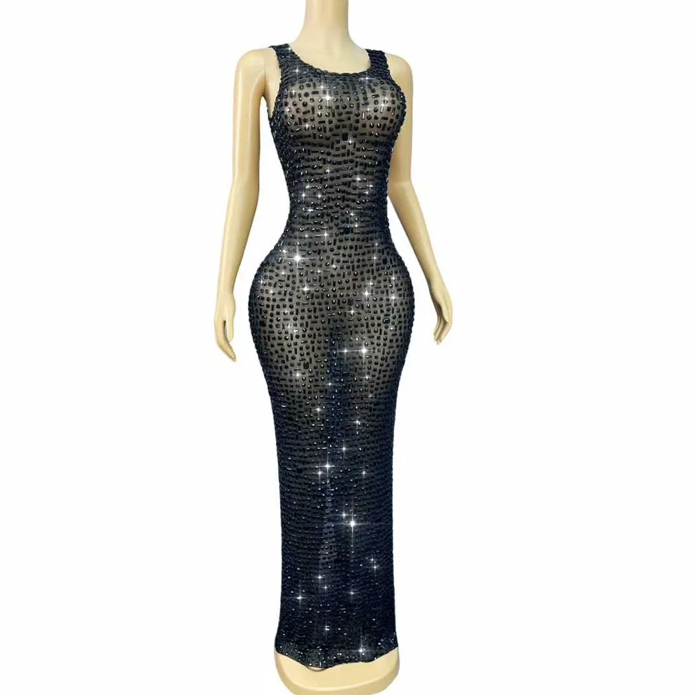 Sexy Bühne Elegantes Schwarz Weiß Abendkleid Blingbling Silber Strass Kleid Hochzeit Cocktail Party Fotoshooting Kostüm