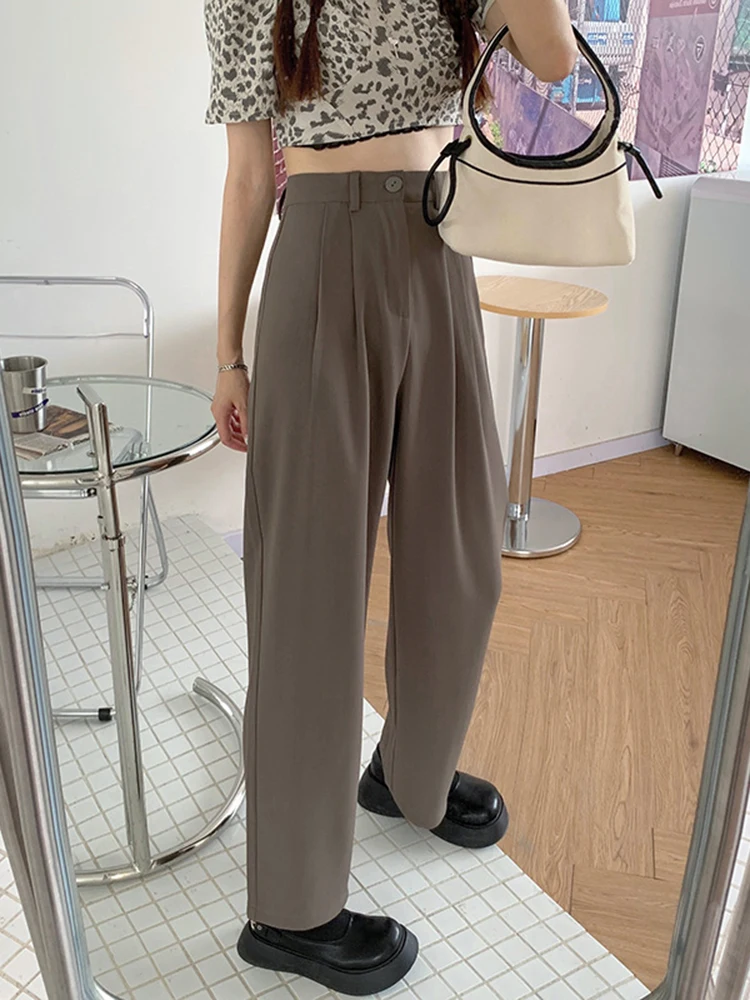 Zoki Elegant Chic Suit Pant Women High Waist Solid Straight Trousers Korean Casual Fashion Loose Spring Summer Wide Leg Pants