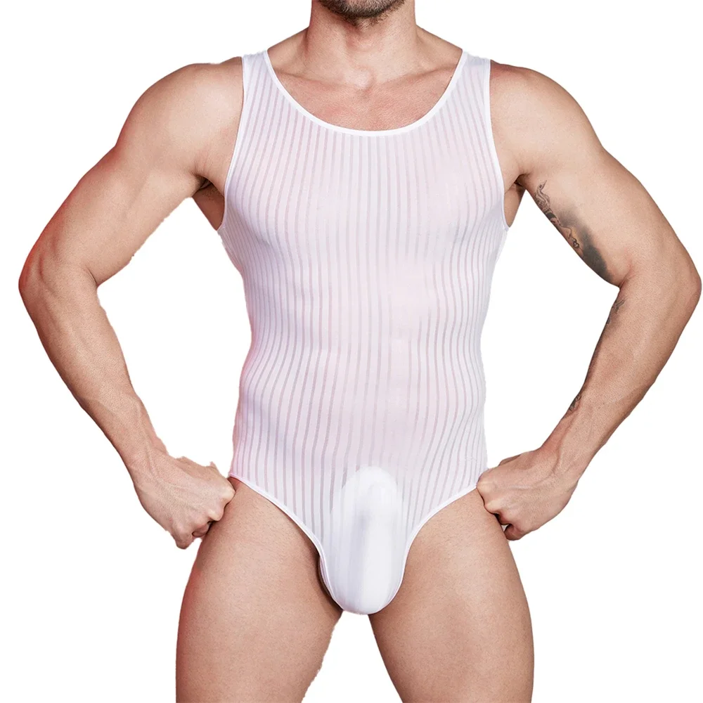 

Sexy Mens Striped Sheer Mesh Bodysuit Stretchy One-piece Lingerie Rompers Male Gay Leotard Pajamas Underwear Wrestling Singlet