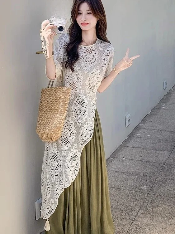 

Korean Style Loose Lace Shirt Women's Summer New Style Slimming Short Sleeve Asymmetric Breathable Lightweight Polyester