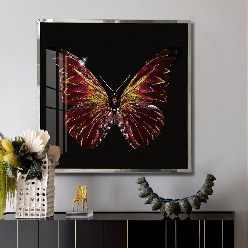 Custom Modern Luxury Nordic Picture Golden Butterfly Animal Abstract Crystal Enamel Craft Living Room Decorative Mural