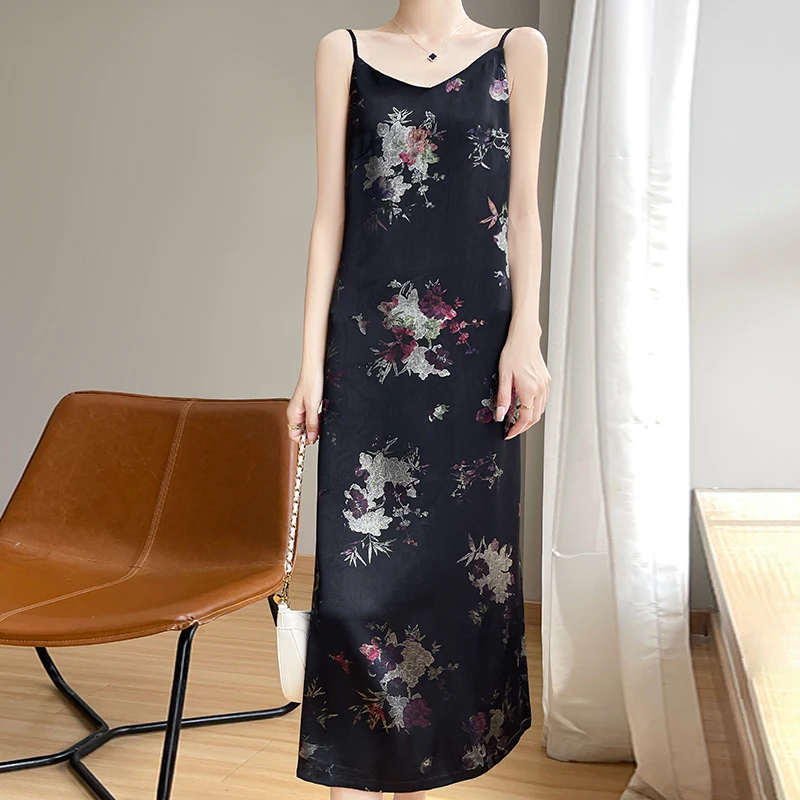 Satin Chinese Jacquard Strap French Dress 2025 Summer New Style Slimming Long Dress with Chinese Style Strap Skirt