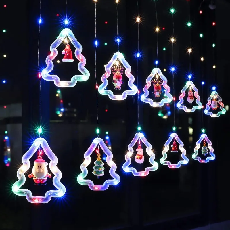 Holiday Curtain Lights Christmas Design with Santa and Snowman for Festive Window Decoration Christmas Lights and Ornaments