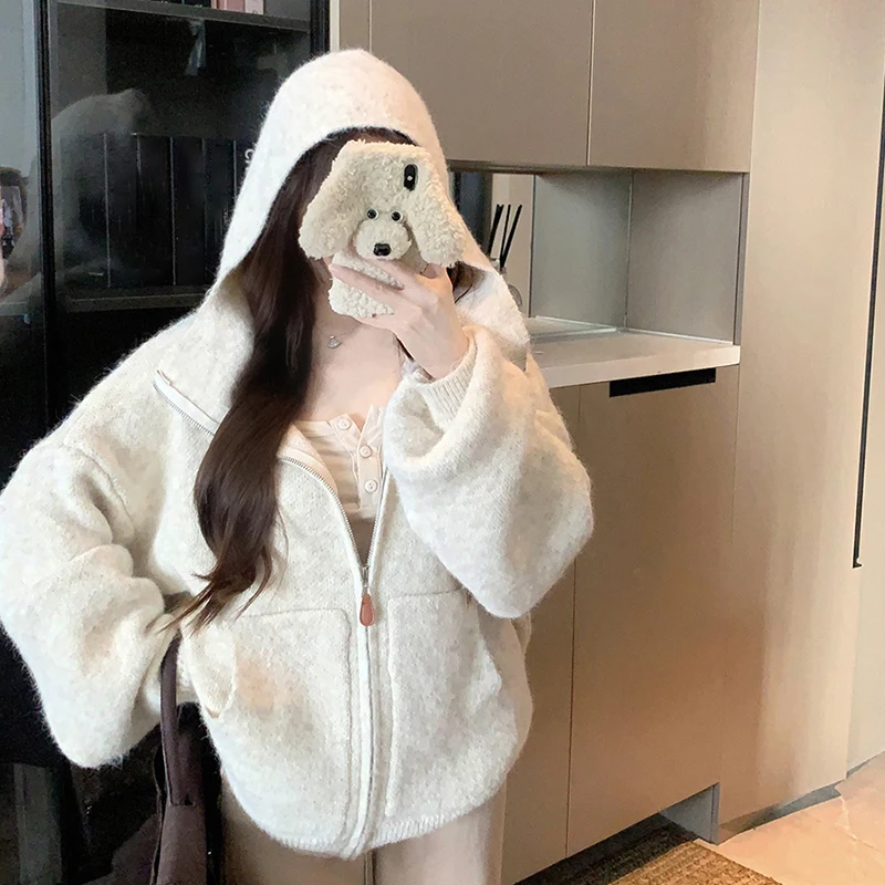 Sweet Hooded Knitted Cardigan Women Casual Loose Soft Zipper Sweater Fall Winter Solid All Match Warm Pocket Knitwear Outwear