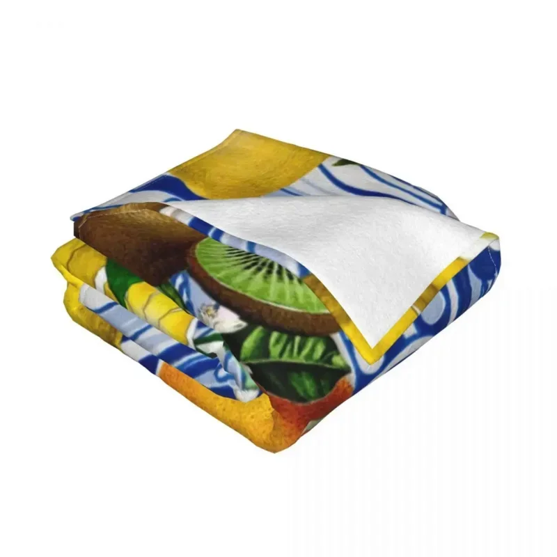 Mediterranean Lemon On Blue Ceramic Tiles Blankets Warm Flannel Summer Citrus Fruit Throw Blanket for Bedroom Office Bedspreads