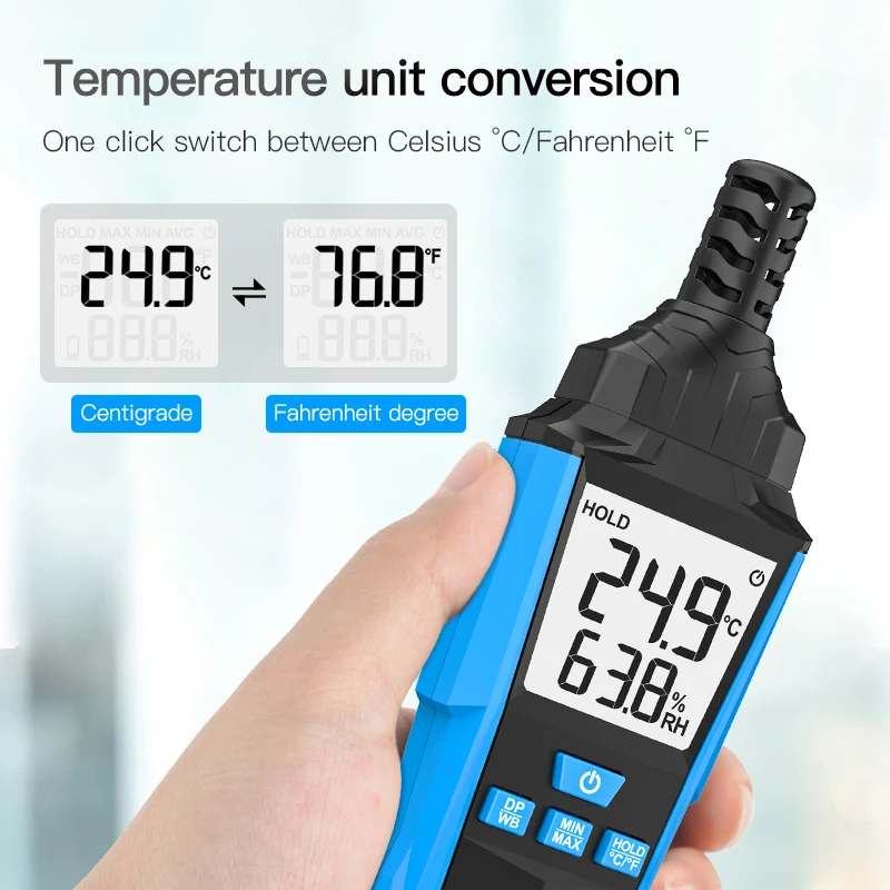 LCD Digital Temperature Humidity Meter -20-60°C Thermometer Wet Bulb/Dew Point Temperature Hygrometer Handheld Thermometer